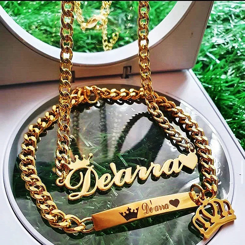 Custom Crown Name Necklace Bracelet Women Men Jewelry Set Stainless Steel Gold Color Heart Charm Boy Girl Accessories Best Gifts