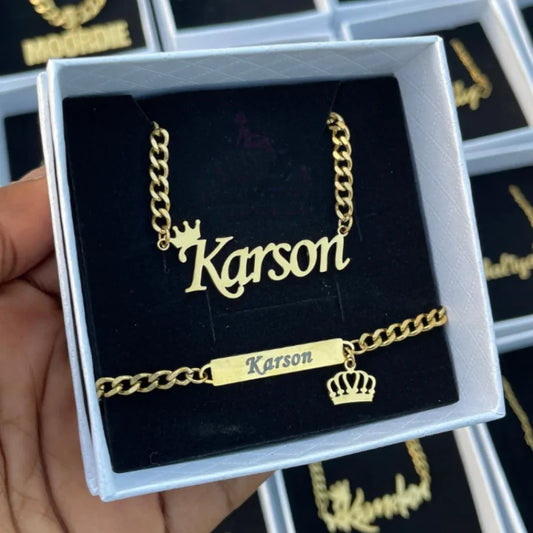 Custom Crown Name Necklace Bracelet Women Men Jewelry Set Stainless Steel Gold Color Heart Charm Boy Girl Accessories Best Gifts