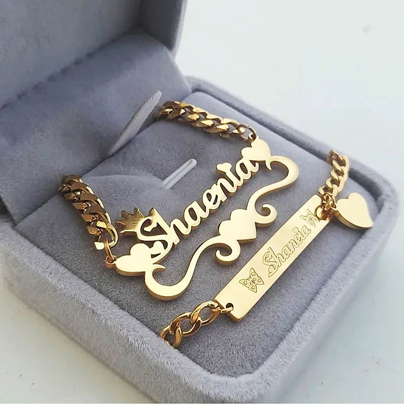 Custom Crown Name Necklace Bracelet Women Men Jewelry Set Stainless Steel Gold Color Heart Charm Boy Girl Accessories Best Gifts