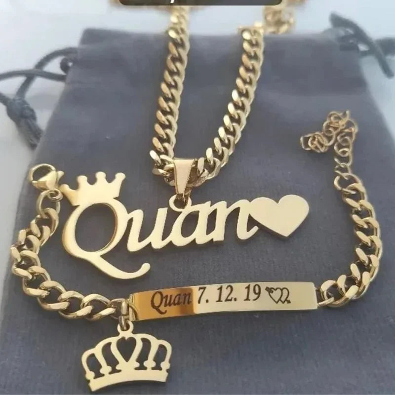 Custom Crown Name Necklace Bracelet Women Men Jewelry Set Stainless Steel Gold Color Heart Charm Boy Girl Accessories Best Gifts